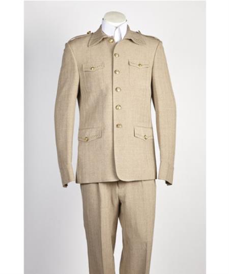 Men's diamond nail heads 2 Button 2 Piece Safari Military Style Suit Taupe