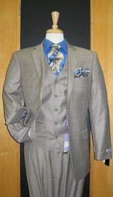 Two Button Taupe ~ mocha ~ Slate Sharkskin Flat Front Three Piece Vested Suit