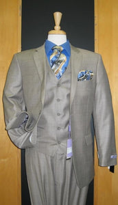 Two Button Taupe ~ mocha ~ Slate Sharkskin Flat Front Three Piece Vested Suit