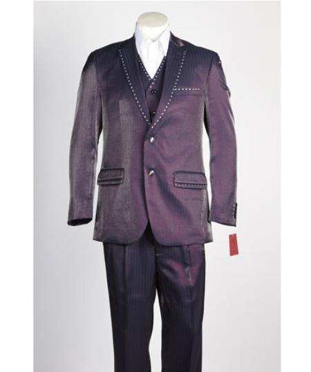 Men's 2 Button Vested Wine ~ Burgundy~Purple Fashion Burgundy Suit with Studded trim