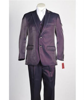 Men's 2 Button Vested Wine ~ Burgundy~Purple Fashion Burgundy Suit with Studded trim