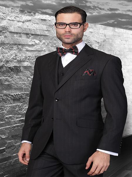 Classic 3 Piece 2 Button Black Tone On Tone Stripe ~ Pinstripe Suit Super 150'S Extra Fine Italian Fabric Flat Front No PleatedPants