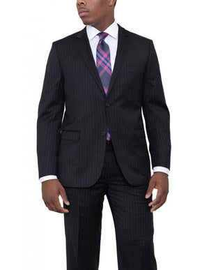 Men's Black 2 Buttons Pinstriped Classic Fit Wool Suit Flat Front Pants