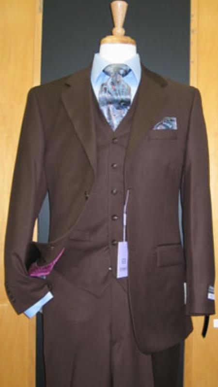 2 Button 3 Piece Brown Flat Front Business ~ Wedding 2 Piece Side Vented Modern Fit Suits 2 Piece Suits For Men - 100% Percent Wool Fabric Suit - Worsted Wool Business Suit