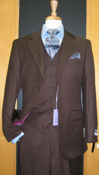 2 Button 3 Piece Brown Flat Front Business ~ Wedding 2 Piece Side Vented Modern Fit Suits 2 Piece Suits For Men - 100% Percent Wool Fabric Suit - Worsted Wool Business Suit