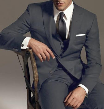 Reg:795 on sale $249 2 Btn Vested 3PC Suit Peak Pointed English Style Lapel Dark Grey - Three Piece Suit - 100% Percent Wool Fabric Suit - Worsted Wool Business Suit