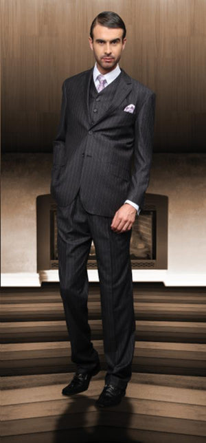 Classic 3pc 2 Btn Charcoal Suit Super 150's 1 Pleat Pants Italian Fabric