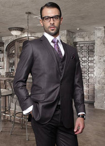 2 Button Heather Charcoal Suit with a Vest Super 150's Italian Pick Stitched Lapel Slanted Pocket - Three Piece Suit - 100% Percent Wool Fabric Suit - Worsted Wool Business Suit