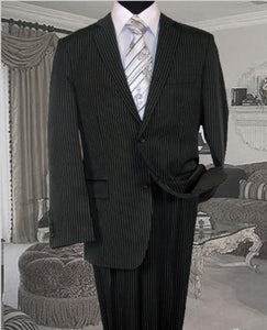 Charcoal With White Pinstripe Conversative 2 Button Flat Front Men's discounted Cheap Priced Business Suits Clearance Sale