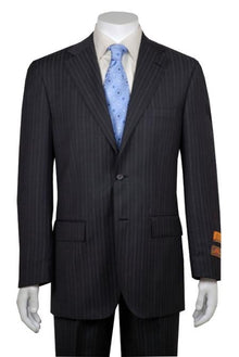Gray Multi Stripe ~ Pinstripe 2 Button Vented Without Pleat Flat Front Pants Business ~ Wedding 2 Piece Side Vented Modern Fit Suits 2 Piece Suits For Men - 100% Percent Wool Fabric Suit - Worsted Wool Business Suit