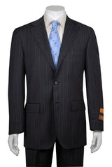 Gray And Shadow Stripe ~ Pinstripe 2 Button Vented Without Pleat Flat Front Pant Business ~ Wedding 2 Piece Side Vented Modern Fit Suits 2 Piece Suits For Men - 100% Percent Wool Fabric Suit - Worsted Wool Business Suit