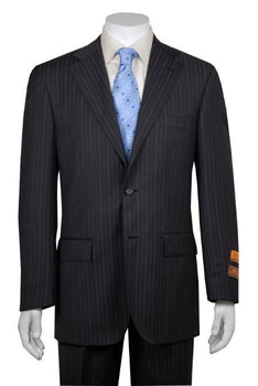 Gray And Shadow Stripe ~ Pinstripe 2 Button Vented Without Pleat Flat Front Pant Business ~ Wedding 2 Piece Side Vented Modern Fit Suits 2 Piece Suits For Men - 100% Percent Wool Fabric Suit - Worsted Wool Business Suit
