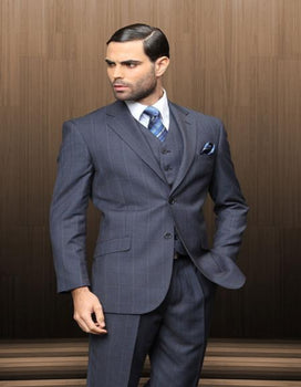 Men's 2 Button Vested 3 Piece Dark Navy Blue Suit For Men Windowpane Plaid Suit