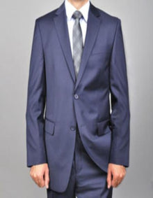 Men's Solid Navy Blue Suit - 100% Percent Wool Fabric Suit - Worsted Wool Business Suit