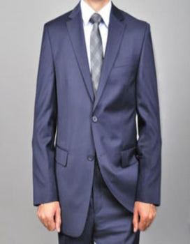 Men's Solid Navy Blue Suit - 100% Percent Wool Fabric Suit - Worsted Wool Business Suit