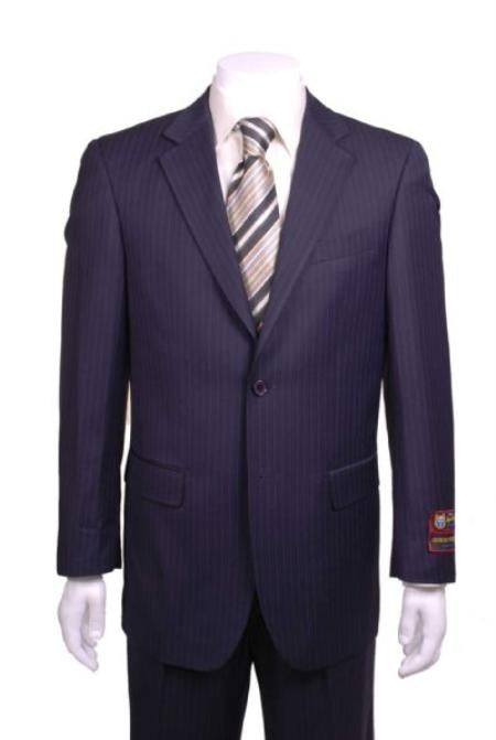 Stripe ~ Pinstripe Modern Fit Suits 2 Button Vented without pleat flat front Pants Dark Navy Blue Suit For Men