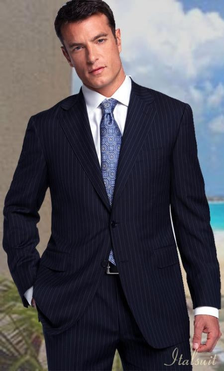 2 Button Color Dark Navy With Pinsripe Men's Suit Classic Fit 2 Piece Suits - Two piece Business suits Suit Athletic Cut