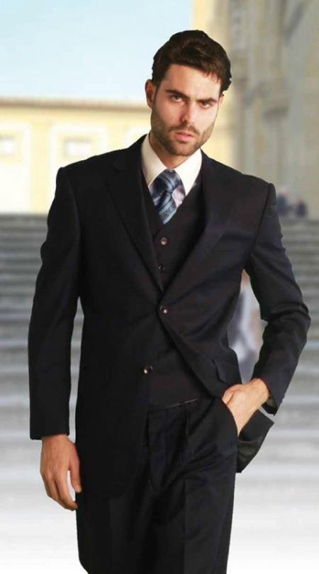 Men's Classic 3 Piece Pleated Pants Italian Fabric 2 Button Dark Navy Suit