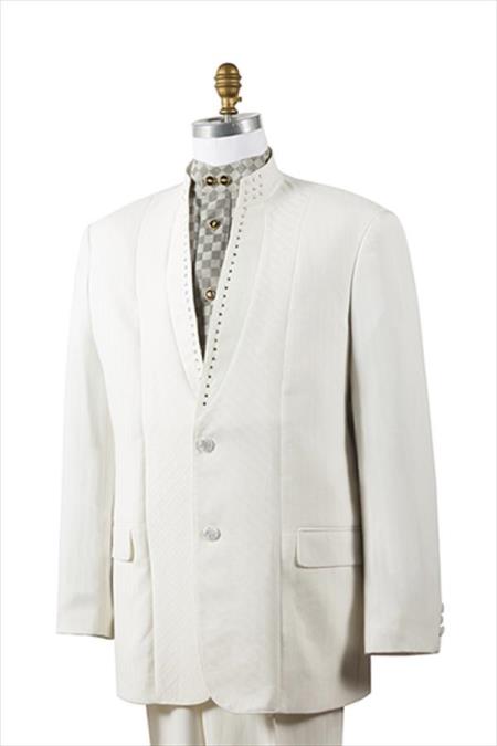 Unique 2 Button Trimmed Pleated Pants Mandarin Banded Collar Men's Suits Off-White ~ Ivory ~ Cream Fashion Tuxedo For Men
