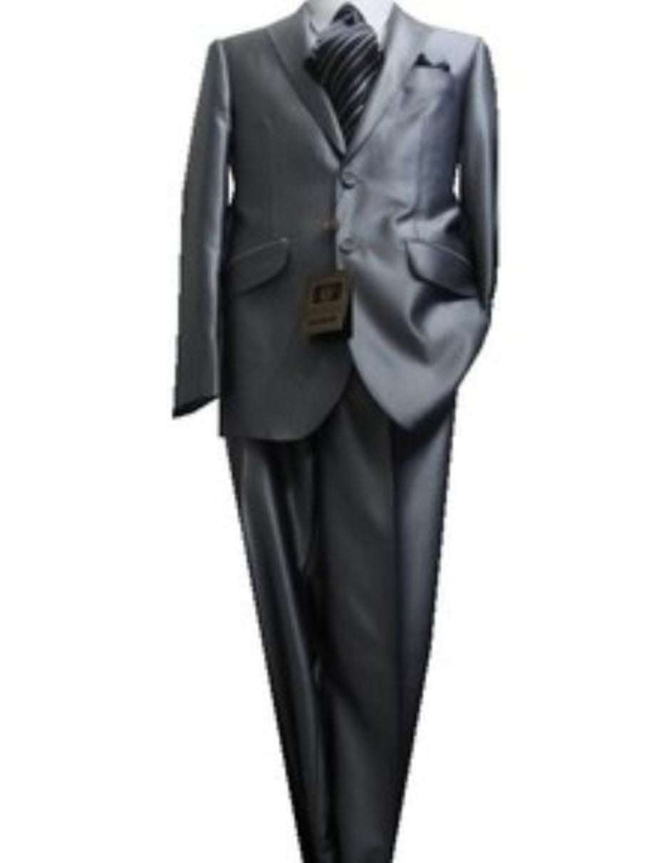 Fitted Discounted Sale Slim Cut 2 Buttons Shiny Flashy Metallic Slim Fit & Slim Silver Sharkskin Suit