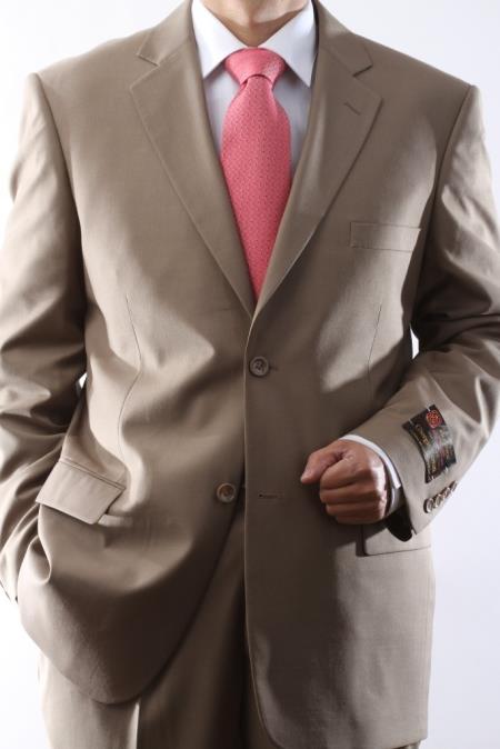 Tan ~ Beige Pinstripe 2 Button Suit  Side Vented Suit Regular Modern Fit Suits Flat Front Pants