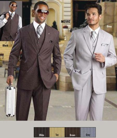 Bold With White Chalk Pronounce Pinstripe 2 Button Style Vested Available In 4 Colors - Three Piece Suit