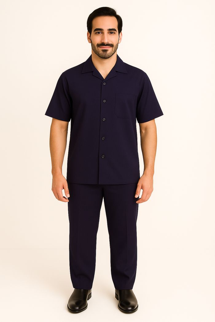 Mens 100% Mens Linen Suit - Fabric–Dark Navy ~ Mens Walking Casual Two Piece Summer Short Sleeve Shirt & Pants Sets ~ Two Piece Mens Walking Outfit For Sale Pant Sets