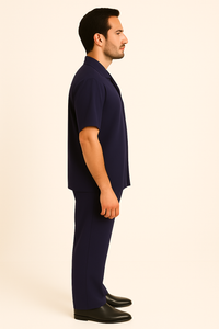 Mens 100% Mens Linen Suit - Fabric–Dark Navy ~ Mens Walking Casual Two Piece Summer Short Sleeve Shirt & Pants Sets ~ Two Piece Mens Walking Outfit For Sale Pant Sets