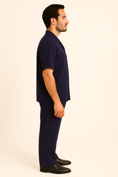 Mens 100% Mens Linen Suit - Fabric–Dark Navy ~ Mens Walking Casual Two Piece Summer Short Sleeve Shirt & Pants Sets ~ Two Piece Mens Walking Outfit For Sale Pant Sets - Image 3