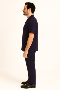 Mens 100% Mens Linen Suit - Fabric–Dark Navy ~ Mens Walking Casual Two Piece Summer Short Sleeve Shirt & Pants Sets ~ Two Piece Mens Walking Outfit For Sale Pant Sets - Image 4