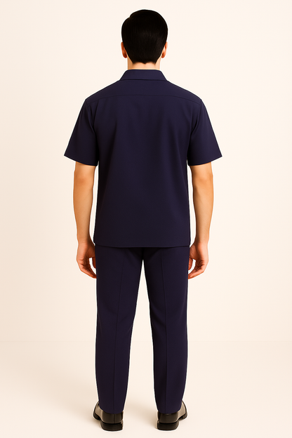 Mens 100% Mens Linen Suit - Fabric–Dark Navy ~ Mens Walking Casual Two Piece Summer Short Sleeve Shirt & Pants Sets ~ Two Piece Mens Walking Outfit For Sale Pant Sets - Image 2