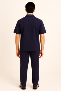 Mens 100% Mens Linen Suit - Fabric–Dark Navy ~ Mens Walking Casual Two Piece Summer Short Sleeve Shirt & Pants Sets ~ Two Piece Mens Walking Outfit For Sale Pant Sets