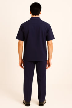 Mens 100% Mens Linen Suit - Fabric–Dark Navy ~ Mens Walking Casual Two Piece Summer Short Sleeve Shirt & Pants Sets ~ Two Piece Mens Walking Outfit For Sale Pant Sets - Image 2