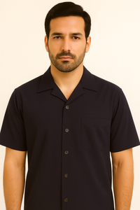 Mens 100% Mens Linen Suit - Fabric–Dark Navy ~ Mens Walking Casual Two Piece Summer Short Sleeve Shirt & Pants Sets ~ Two Piece Mens Walking Outfit For Sale Pant Sets