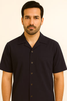 Mens 100% Mens Linen Suit - Fabric–Dark Navy ~ Mens Walking Casual Two Piece Summer Short Sleeve Shirt & Pants Sets ~ Two Piece Mens Walking Outfit For Sale Pant Sets - Image 5