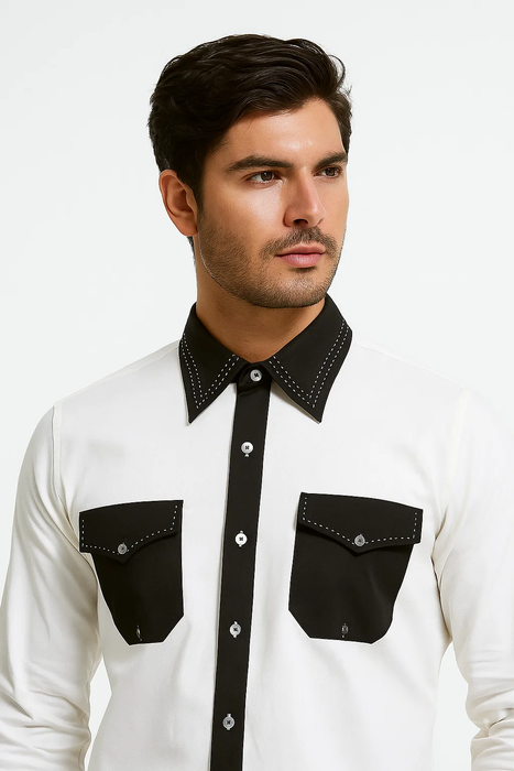 Two Toned Lay Down Collar Microfiber Design Two Tone Stitched Regular Fit Black And White Men'S Dress Shirt