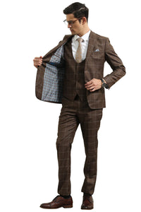Mens Slim Fit Two Button Peak Lapel Vested Suit in Brown Windowpane Plaid