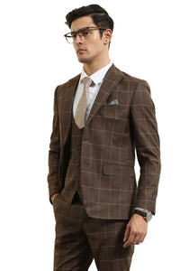 Mens Slim Fit Two Button Peak Lapel Vested Suit in Brown Windowpane Plaid