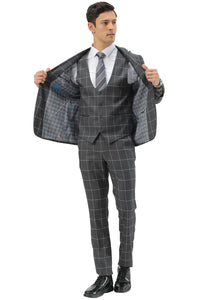 Mens Slim Fit Two Button Peak Lapel Vested Suit in Grey Windowpane Plaid