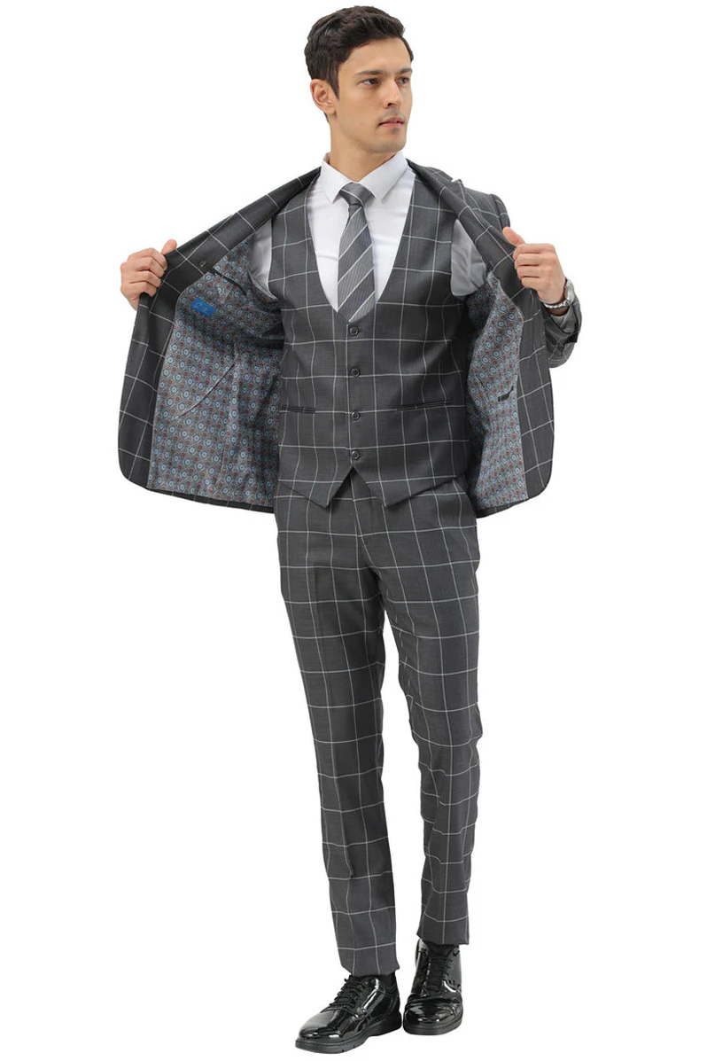 Men's Double Breasted Black Button Closure Poly ~ Rayon Peak Lapel Vested Suit