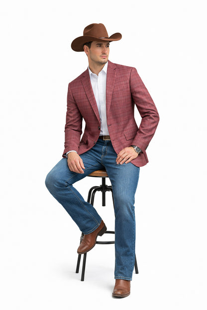 Saco vaquero - Western Sport Coat - Western Blazer  - Men's Two Button Regular Fit Windowpane Mauve Plaid Sport Coat Blazer