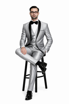 Men'S Shiny Sharkskin Tuxedo Silver Gray ~ Light Grey Black Lapel Two Toned Vested Tuxedo - Mens Grey And Black Tuxedo Wedding - Charcoal Grey Tuxedo - Image 4