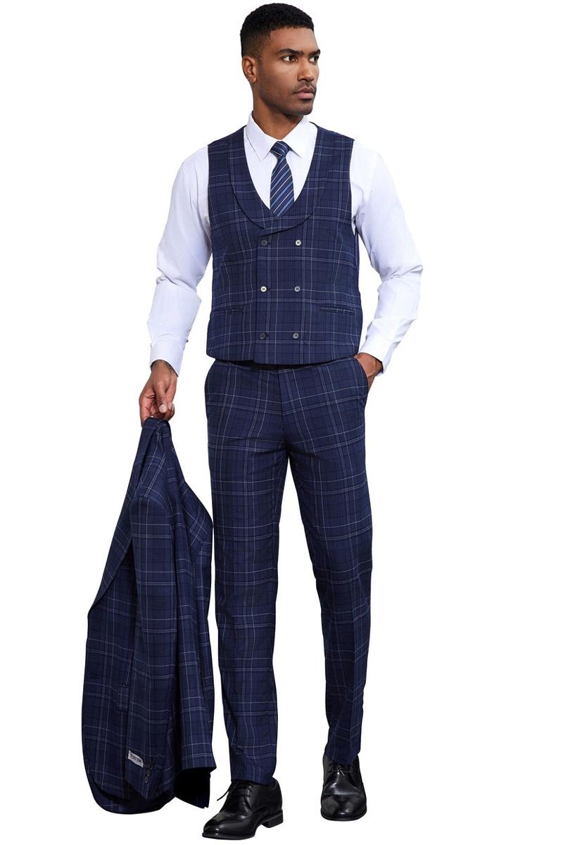 Men's Stacy Adams Vested Two Button Double Windowpane Plaid Suit in Navy - Image 5