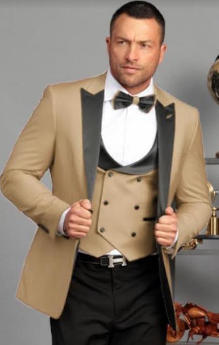 Tuff Suits Ultra Slim Fit Prom Tuxedos - Tan Prom Suits with Double Breasted Vest ...