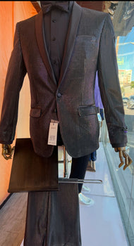Mens Shiny Black Glitter Tuxedo with Satin Shawl Lapel – Ultra Slim Fit Sparkle Suit for Weddings, Proms & Formal Events