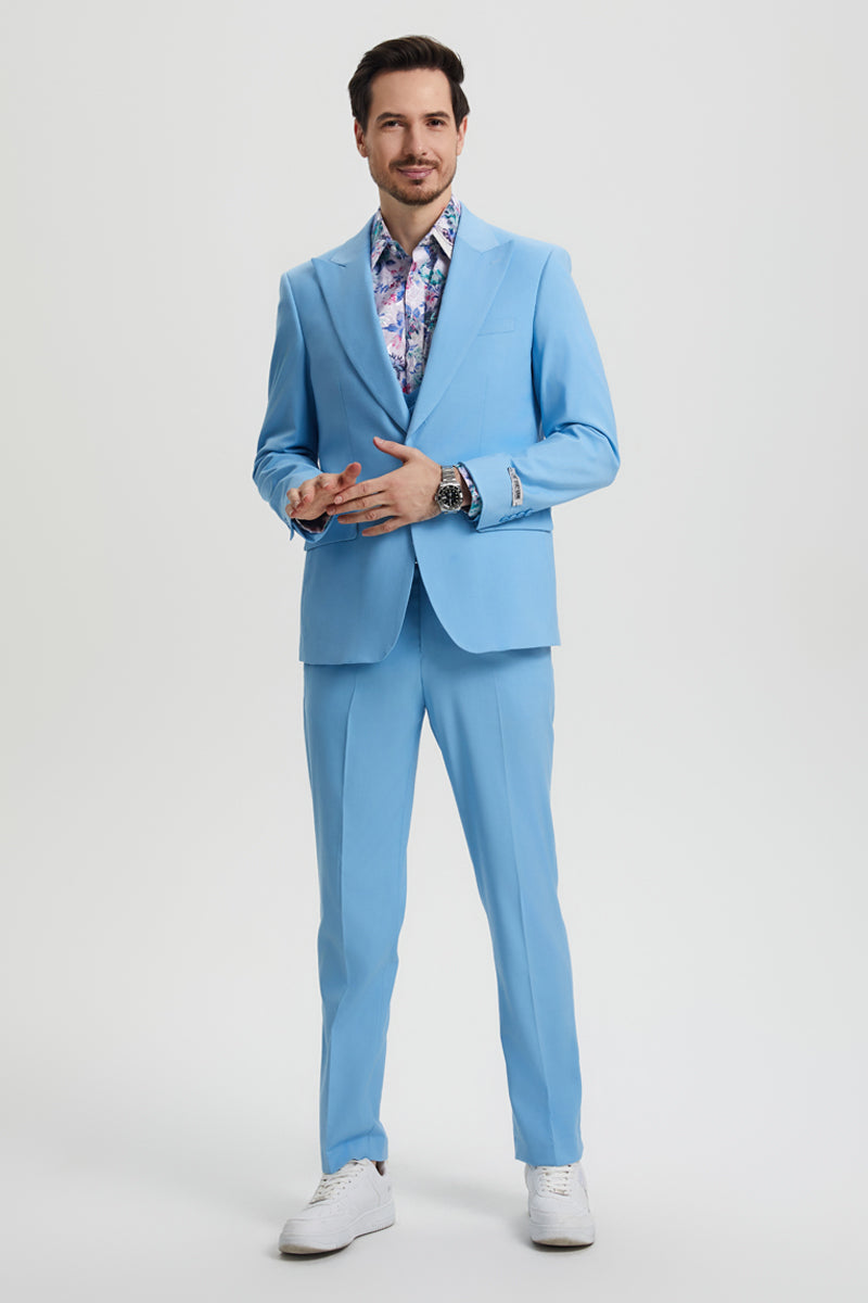 Men's Vested One Button Peak Lapel Stacy Adams Designer Suit in Sky Blue - Image 2
