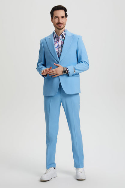 Men's Vested One Button Peak Lapel Stacy Adams Designer Suit in Sky Blue - Image 2