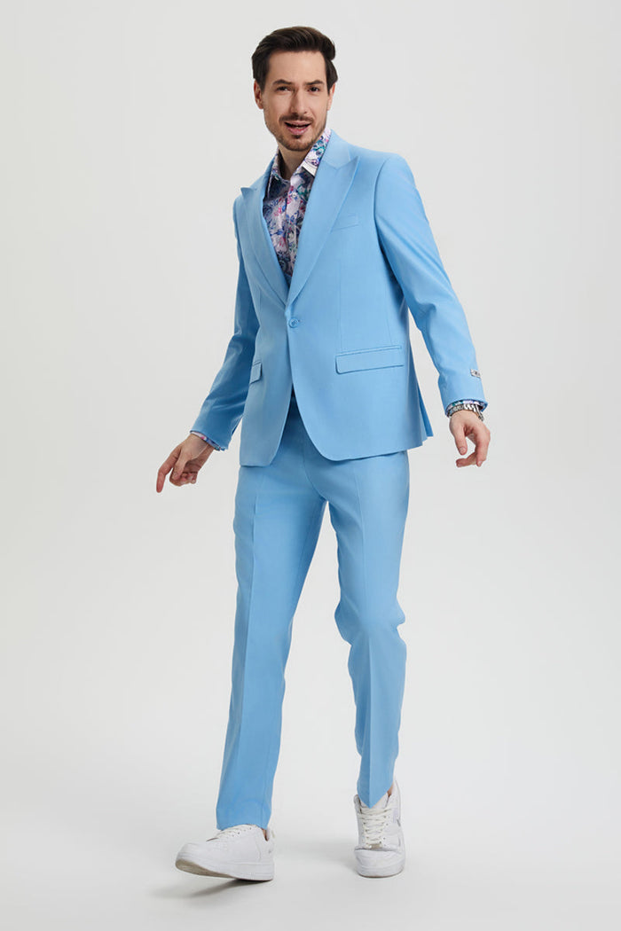 Men's Vested One Button Peak Lapel Stacy Adams Designer Suit in Sky Blue - Image 3