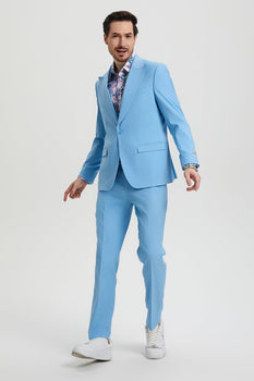 Men's Vested One Button Peak Lapel Stacy Adams Designer Suit in Sky Blue - Image 3