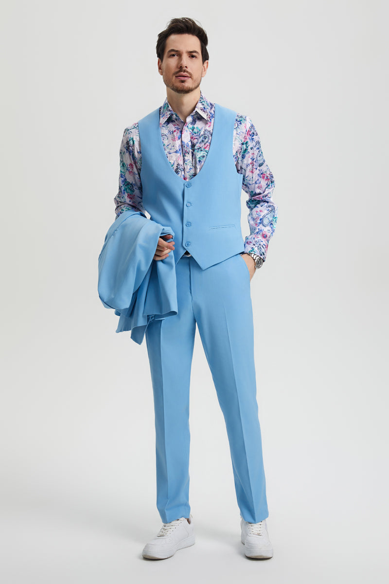 Men's Vested One Button Peak Lapel Stacy Adams Designer Suit in Sky Blue - Image 4